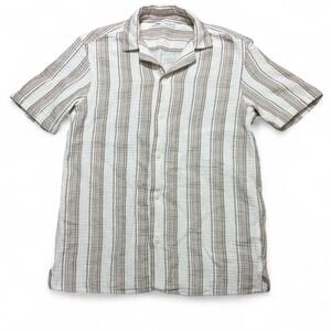 Zara Men's Brown beige striped cotton blend textured short sleeve shirt Size S